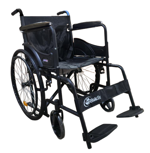  Silla de Ruedas de Acero Folding Sport de 20", Asiento y Respaldo de Nylon con Bolsa Trasera Portaobjetos, Ruedas Traseras de 24" y Delanteras de 8", Respaldo Plegable, Descansapiés Abatibles y Desmontables, Acabado Negro Mate.