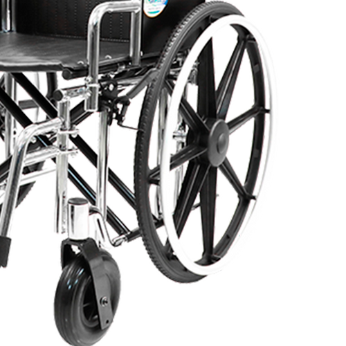 Silla de Ruedas MOVILI Extra-Ancha de 20 Pulgadas, cromada con Tapicería de PVC negro y Ruedas Traseras Salidas de 24 Pulgadas