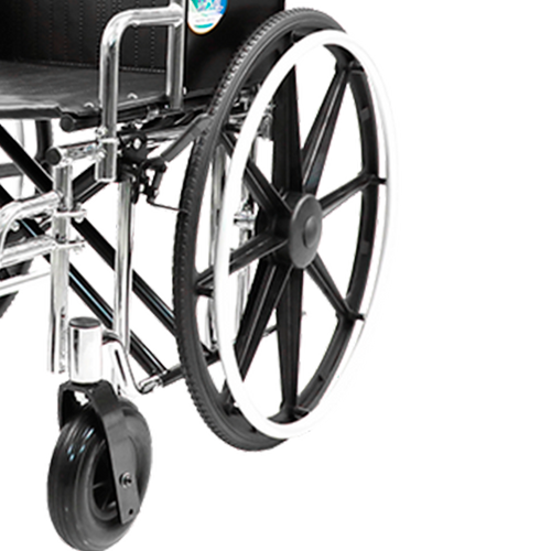 Silla de Ruedas MOVILI Extra-Ancha de 22 Pulgadas, cromada con Tapicería de PVC negro y Ruedas Traseras Salidas de 24 Pulgadas