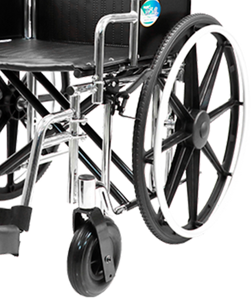 Silla de Ruedas MOVILI Extra-Ancha de 24 Pulgadas, cromada con Tapicería de PVC negro y Ruedas Traseras Salidas de 24 Pulgadas