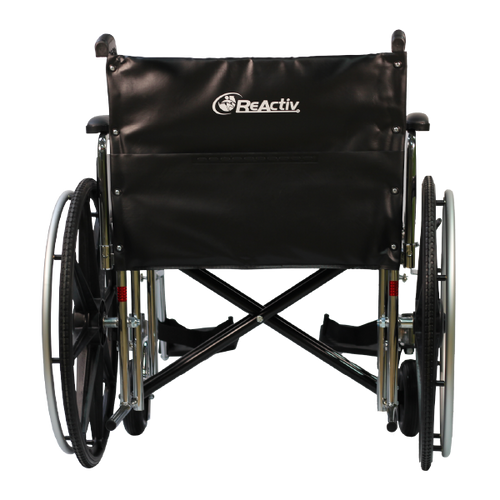 Silla de Ruedas MOVILI Extra-Ancha de 20 Pulgadas, cromada con Tapicería de PVC negro y Ruedas Traseras Salidas de 24 Pulgadas