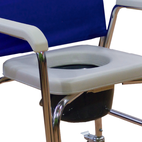 Silla Cómodo Ducha de Aluminio con Ruedas - Acabado Natural - Respaldo Azul