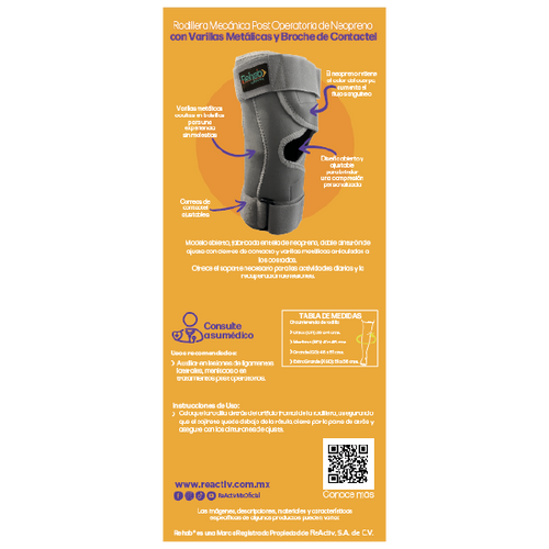  Rodillera Mecánica Post Operatoria de Neopreno con Varillas Metálicas y Broche de Contactel , Xgd