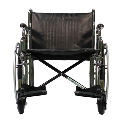 Silla de Ruedas MOVILI Extra-Ancha de 24 Pulgadas, cromada con Tapicería de PVC negro y Ruedas Traseras Salidas de 24 Pulgadas