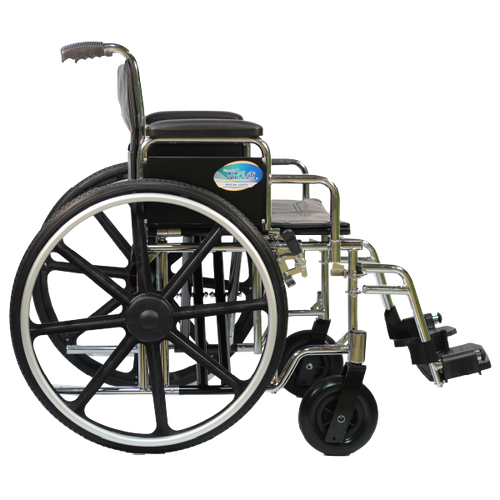 Silla de Ruedas MOVILI Extra-Ancha de 22 Pulgadas, cromada con Tapicería de PVC negro y Ruedas Traseras Salidas de 24 Pulgadas