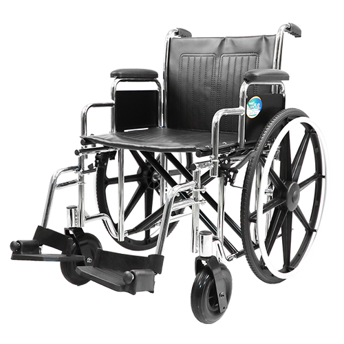 Silla de Ruedas MOVILI Extra-Ancha de 20 Pulgadas, cromada con Tapicería de PVC negro y Ruedas Traseras Salidas de 24 Pulgadas